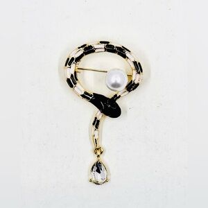 Gold Tone Black White Enamel Stripe Snake Brooch with Dangling Rhinestone